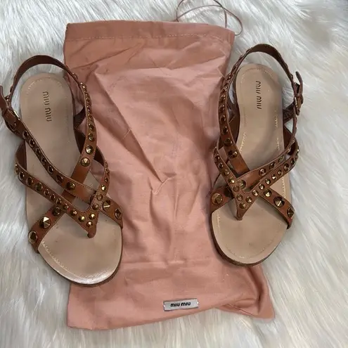 Miu Miu Brown Gold Studded Leather Sandals
