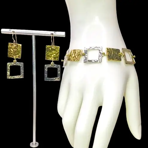 HAMMERED Two Tone Square Earrings and Bracelet Set Gold