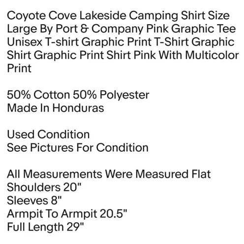 Port & Company Coyote Cove Lakeside Camping Shirt Size Large By Pink Graphic Tee Unisex T-shirt