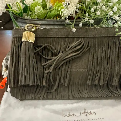 India Hicks Fringed Purse Army Green Suede Clutch w/Tassel London Harbour Island