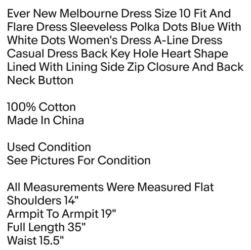 Ever New Melbourne Dress Size 10 Fit And Flare Dress Sleeveless Polka Dots Blue With White Dots