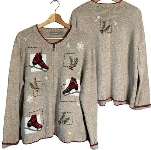 Croft & Barrow Vtg  Ice Skating Christmas Wool Angora Full Zip Sweater Women's L