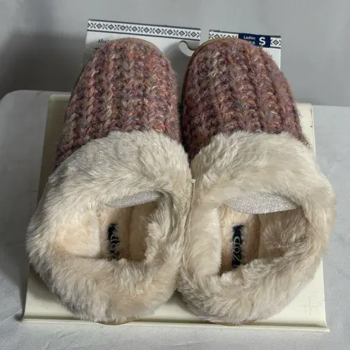 IZOD Ladies Knit Slippers Pink Multi Faux Fur Memory Foam Size S (5-6)