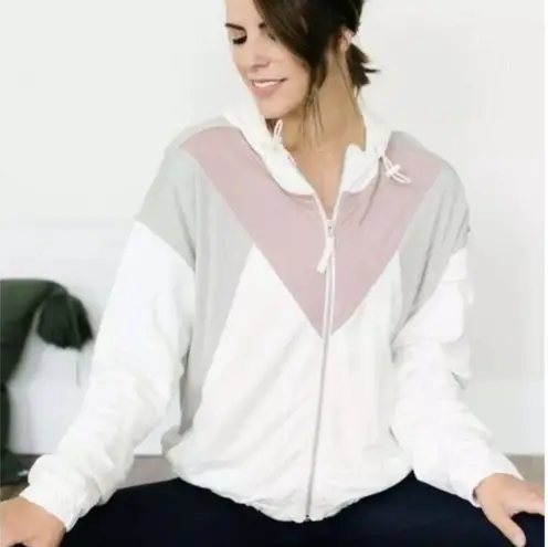 Zyia Active Cream Block Soft Full Zip Hoodie Retro Colorblock Size XS Athleisure