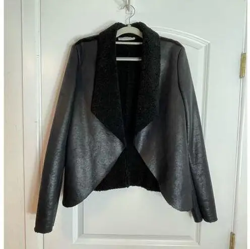Rinascimento Jacket Medium Black Faux Leather Sherpa Lined Moto Waterfall Drape