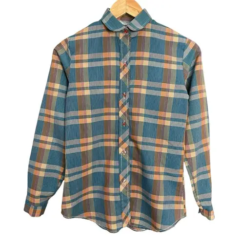Vintage 70s 80s Plaid Shirt Women Retro Blue Orange Button