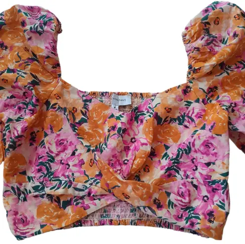 Something Navy NWOT ~ MEDIUM ~ Floral Puff Shoulder Top in Orange Combo Crop NEW