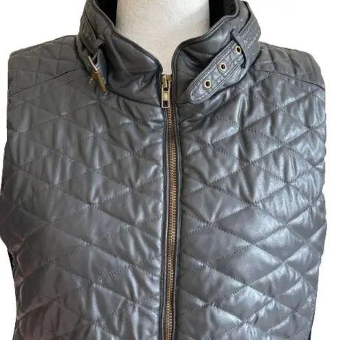 Poof! Poof Quilted Vest Deep Gray Faux Leather Quilted Knit Side Panel Pockets Small