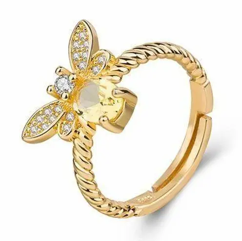 18K Gold Plated Adjustable Yellow Crystsl Honey Bee Ring for Women