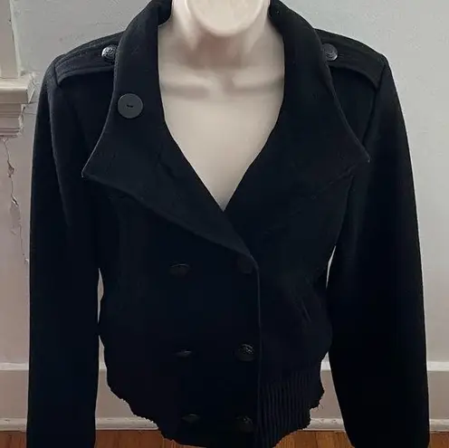 Guess  Jeans black wool blend lined double breasted jacket coat, size M preppy