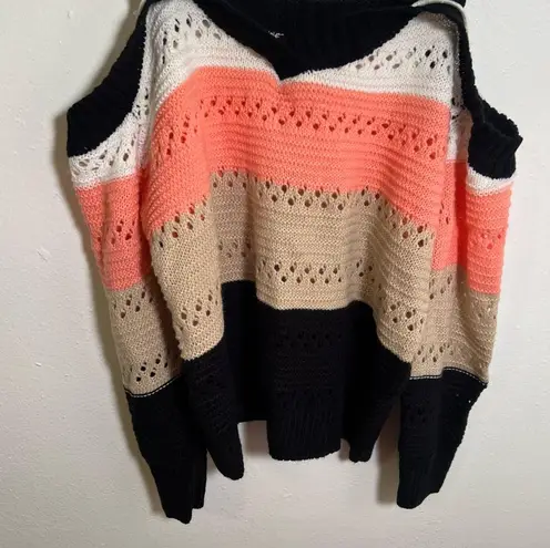 Striped Cold Shoulder Sweater Loose Knit Beige Black Peach S
