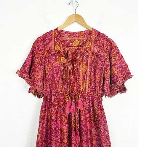 Vintage Tiered Bohemian Red Paisley Maxi Dress Tassel Stretch Silk Blend OS Size M