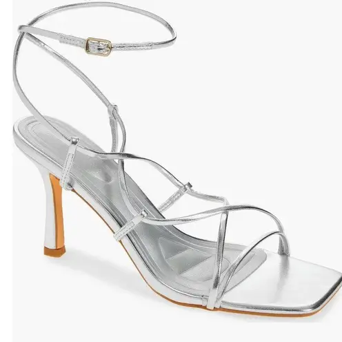 Azalea Wang Kaylin Silver Faux Vegan Leather Strappy Ankle Wrap Stiletto Heels Size 10