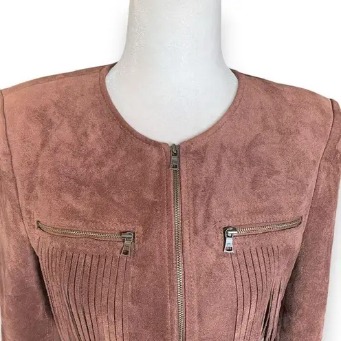 BCBG Max Azria Reiss Vegan Suede Leather Jacket Fringe Accents Toffee Brown