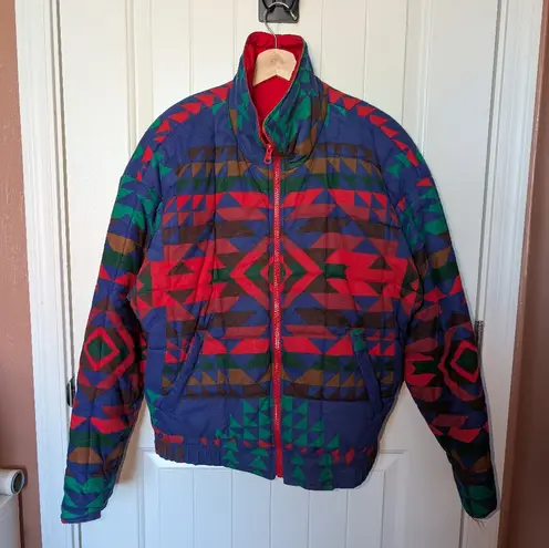 Vintage Andy Johns Women's Southwestern Patterned Puffer Coat Small Red/Blue Red