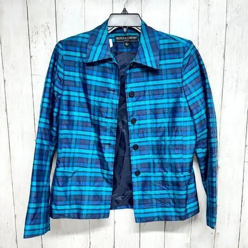 Vintage Kasper & Co Jacket Plaid Blue Button Down Collared 90s Light Weight Silk Size 6