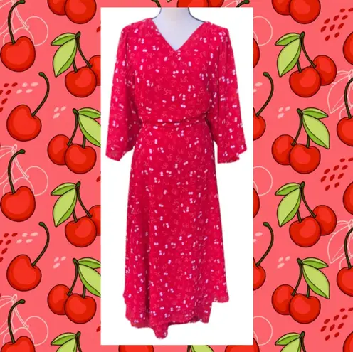 Eshakti Red Cherry Midi Wrap Dress Chiffon White Cherries 3X 4X Retro