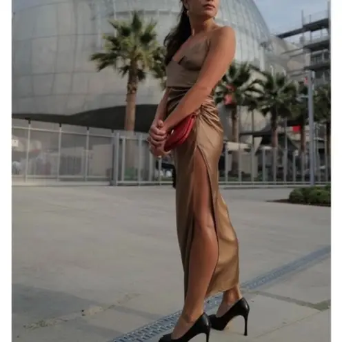 The Sei Strappy Gathered Silk Gown Champagne Satin Women's Size 4 Midi Brown - Image 16