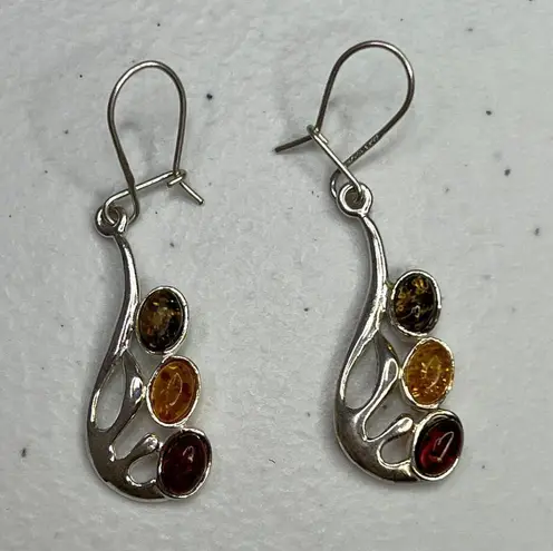 Amber Sterling Silver 925 Drop Earrings Jewelry With Multicolor Oval Cabochons