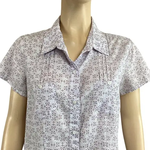 The North Face  Button-Up Blouse Size Large Floral Short Sleeves Purple & White