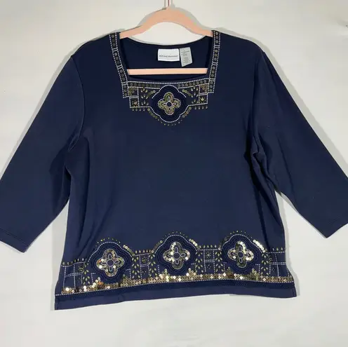 Alfred Dunner Women's 3/4 Sleeve Embellished Square Neck Top Navy Blue Sz L - Image 1