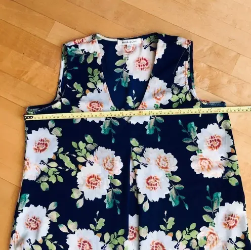 Rose + Olive Floral, Pleated, Flowy, Dressy Tank, Navy Blue, Peach, Size L