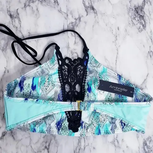 Ambrielle Bra Swimwear Sz Large High Neck Lace Pattern Halter Strap Geometric Blue