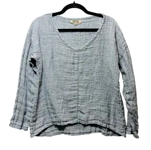 Flax Linen Waffle Knit Textured Top Gray Long Sleeve Scoop Neck Small