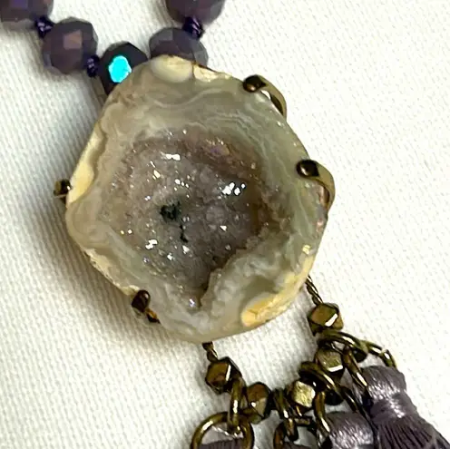 Vintage Geode Crystal, Tasso and Bead Chunky Layered Statement Necklace Purple