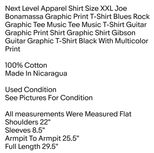 Next Level Apparel Shirt Size XXL Joe Bonamassa Graphic Print T-Shirt Blues Rock Unisex