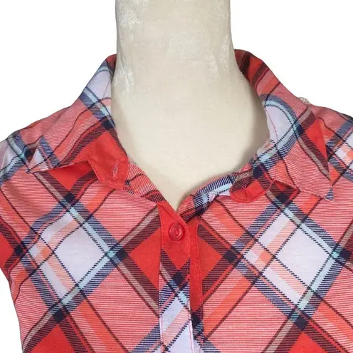 Ultra Flirt sleeveless collared button down orange white plaid top women's M