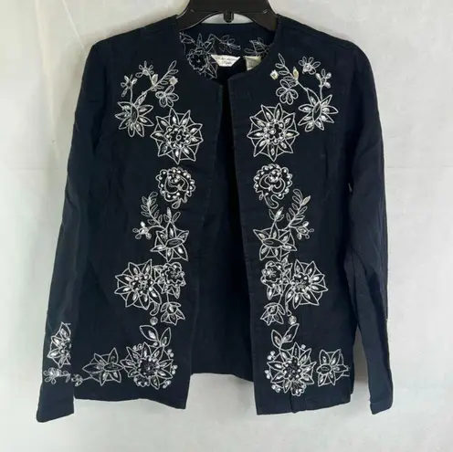 Laura Ashley Black Embellished Jeweled Embroidered Open Front Jacket Sz PM