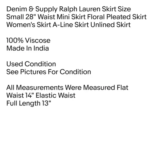 Denim & Supply Ralph Lauren Skirt Size Small 28" Waist Mini Skirt Floral Pleated Skirt Women's Skirt