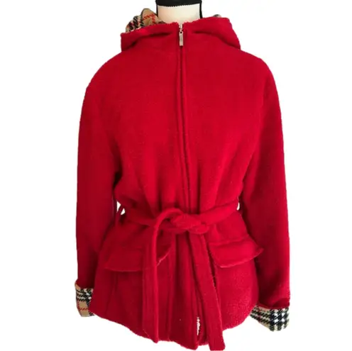 Sandro  cherry red fleece belted jacket with plaid hood and cuffs. Size M EUC