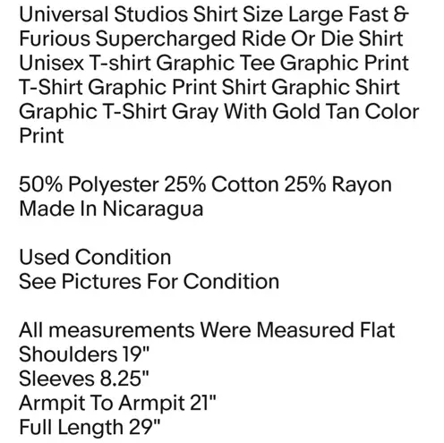 Universal Studios Shirt Size Large Fast & Furious Supercharged Ride Or Die Shirt Unisex T-shirt