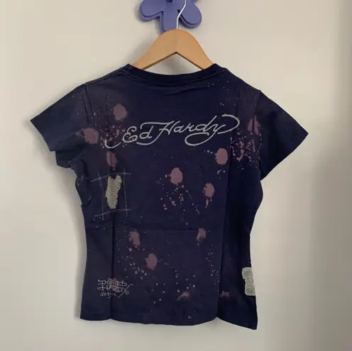 Ed Hardy Small NEW Navy Rabbit Print Baby Tee Grey Splattered Y2K Deadstock