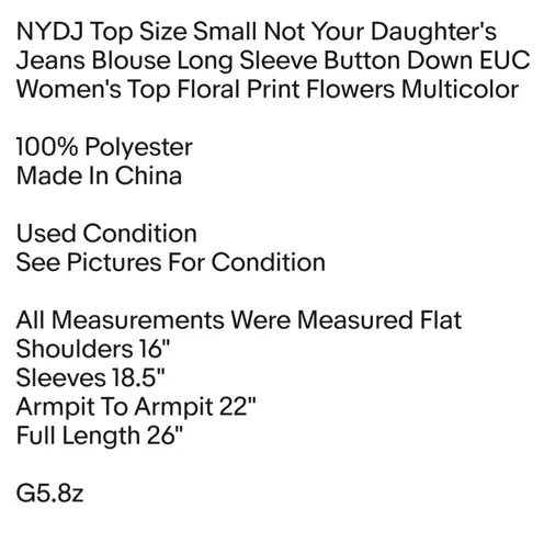 NYDJ Top Size Small Not Your Daughter's Jeans Blouse Long Sleeve Button Down EUC