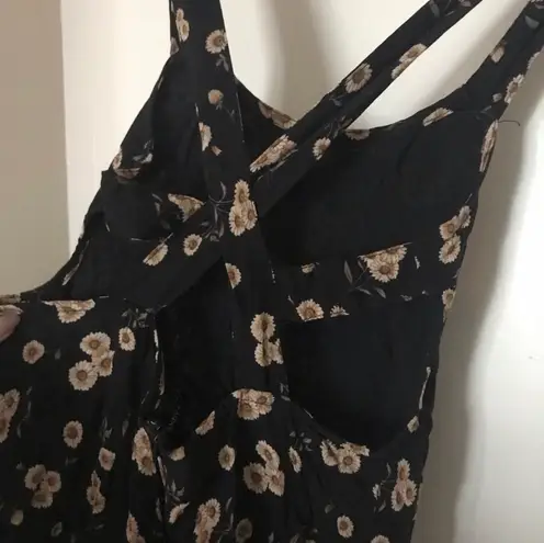 Brandy Melville Black Yellow Sunflower Floral Open Back Cut Out Summer Mini Dress