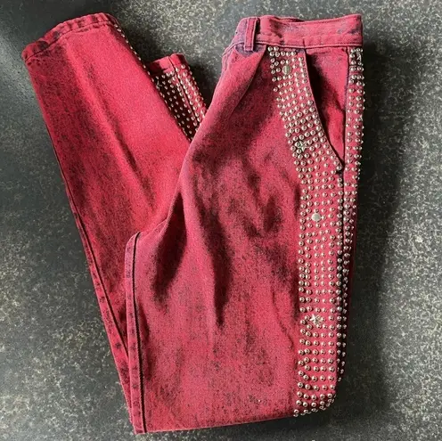 Vtg 80s Red/Black Acid Wash Jeans Womens High Waisted Embellished 7/8 USA NFR Red