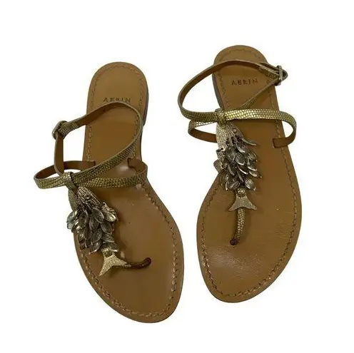 Aerin golden peddle leather t strap sandals with fish scale gem designs 6.5