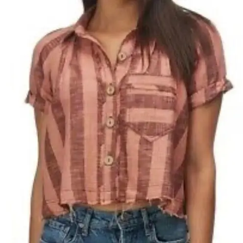 Free People  Crop Button Up Top Away at Sea Sun Baked Pink X-Small