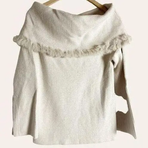 Love Token  Ivory Ribbed Knit Rabbit Fur Trim Off The Shoulder Sweater Size M