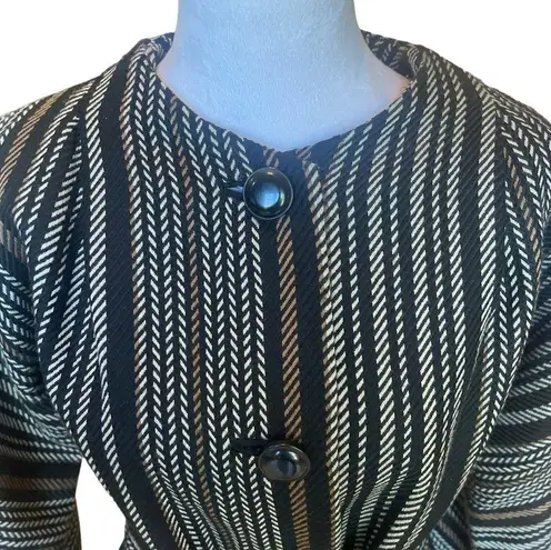 Anne Klein  Black Brown Wool Blend Striped Belted Jacket Coat Womens Size Small