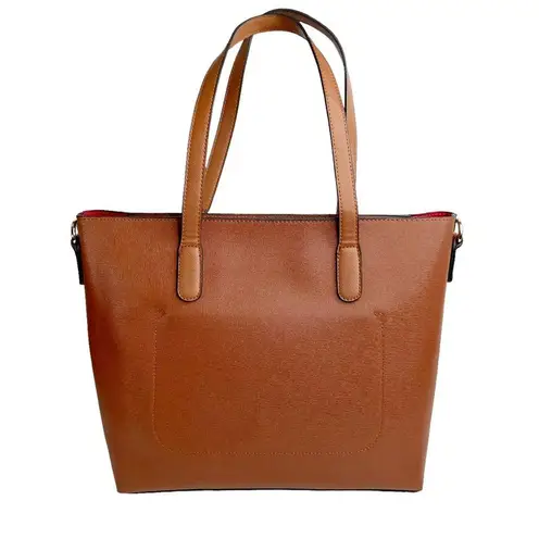 Faux Leather Brown Double Handle Red Lined Tote Bag Purse