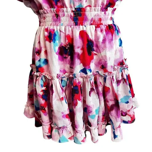 Buddy Love Sophia One Shoulder Dress Pink Floral Size Medium Mini Ruffle Tiered