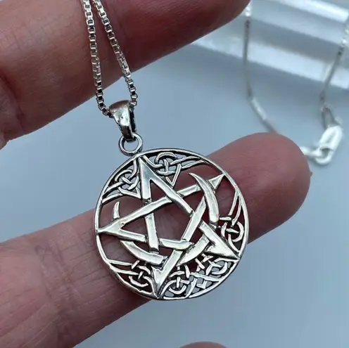 Crescent Celtic Moon With Pentagram Sterling Silver Necklace Box Chain