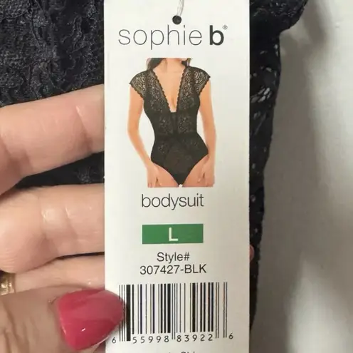 Sophie B Black Lace BodySuit Large Padded NWT Lingerie Body Suit Top Open Back