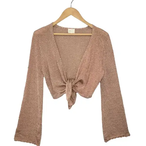 Dee Elly Metallic Shimmer Cropped Front Tie Bell Long Crochet Sleeve Rose Gold M