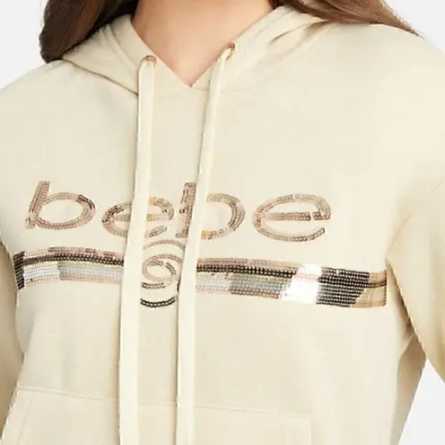 Bebe  SPORT Plus Size Sequin Stripe Pullover Beige Tan Logo Hoodie Sweatshirt 2X