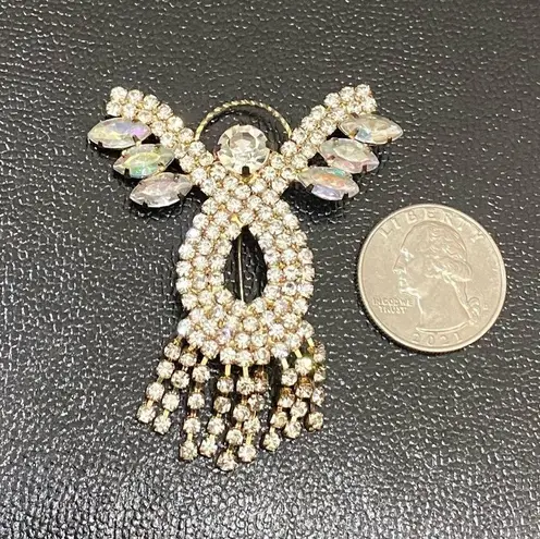 Vintage Sparkly Aurora Borealis AB Crystal Angel Fringe Gold